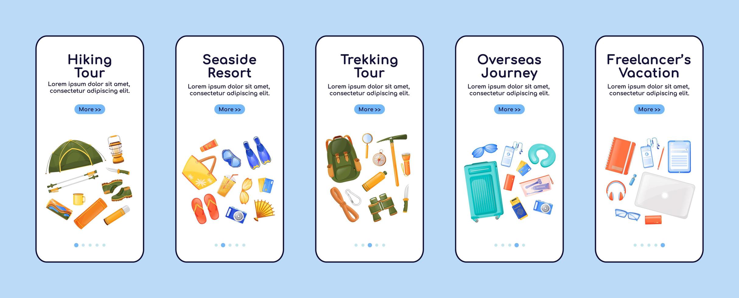 Reise Essentials Onboarding Mobile App Bildschirm flache Vektor-Vorlage vektor
