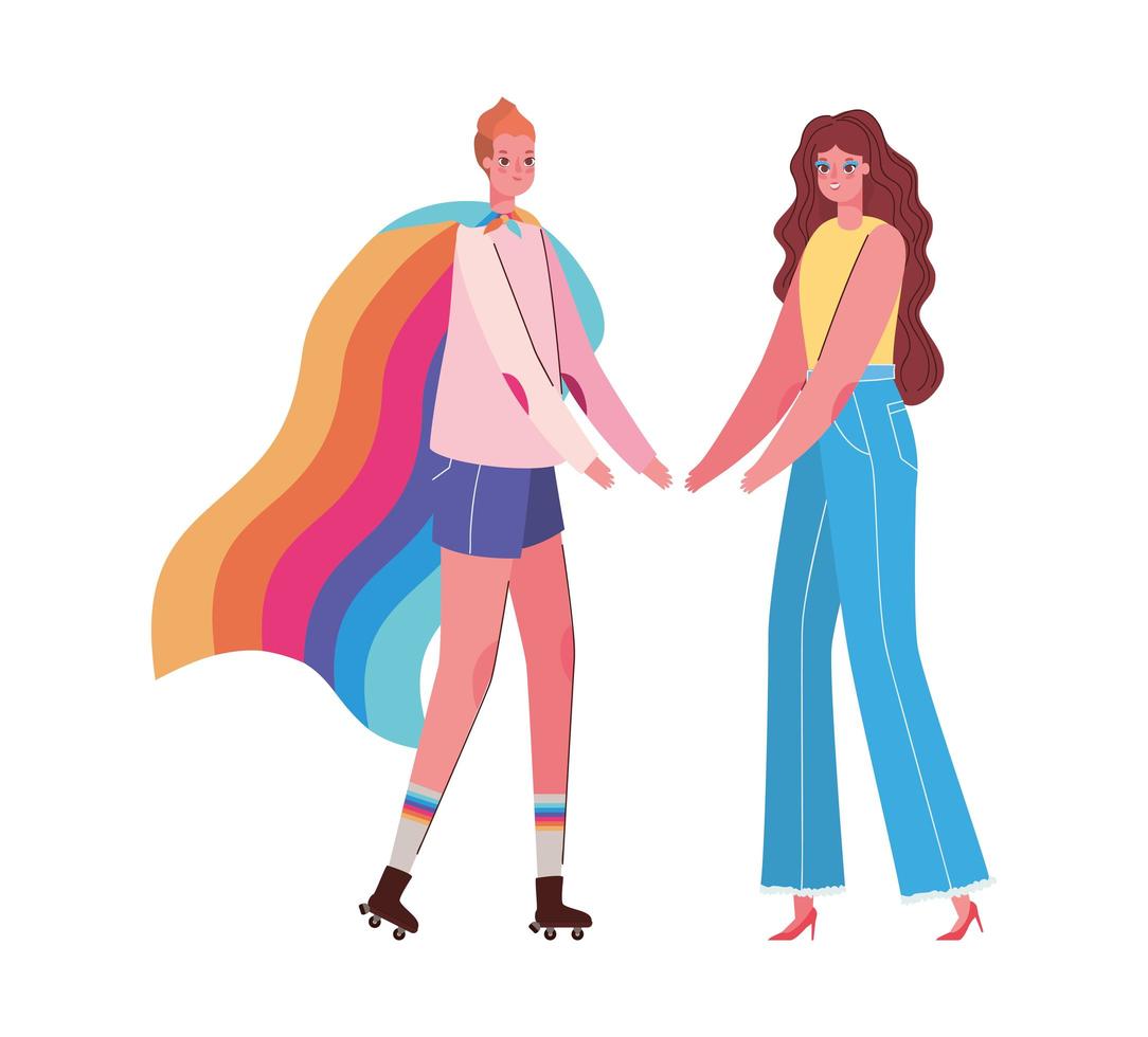 Frauenkarikaturen mit Kostümen und lgtbi Flaggenvektordesign vektor