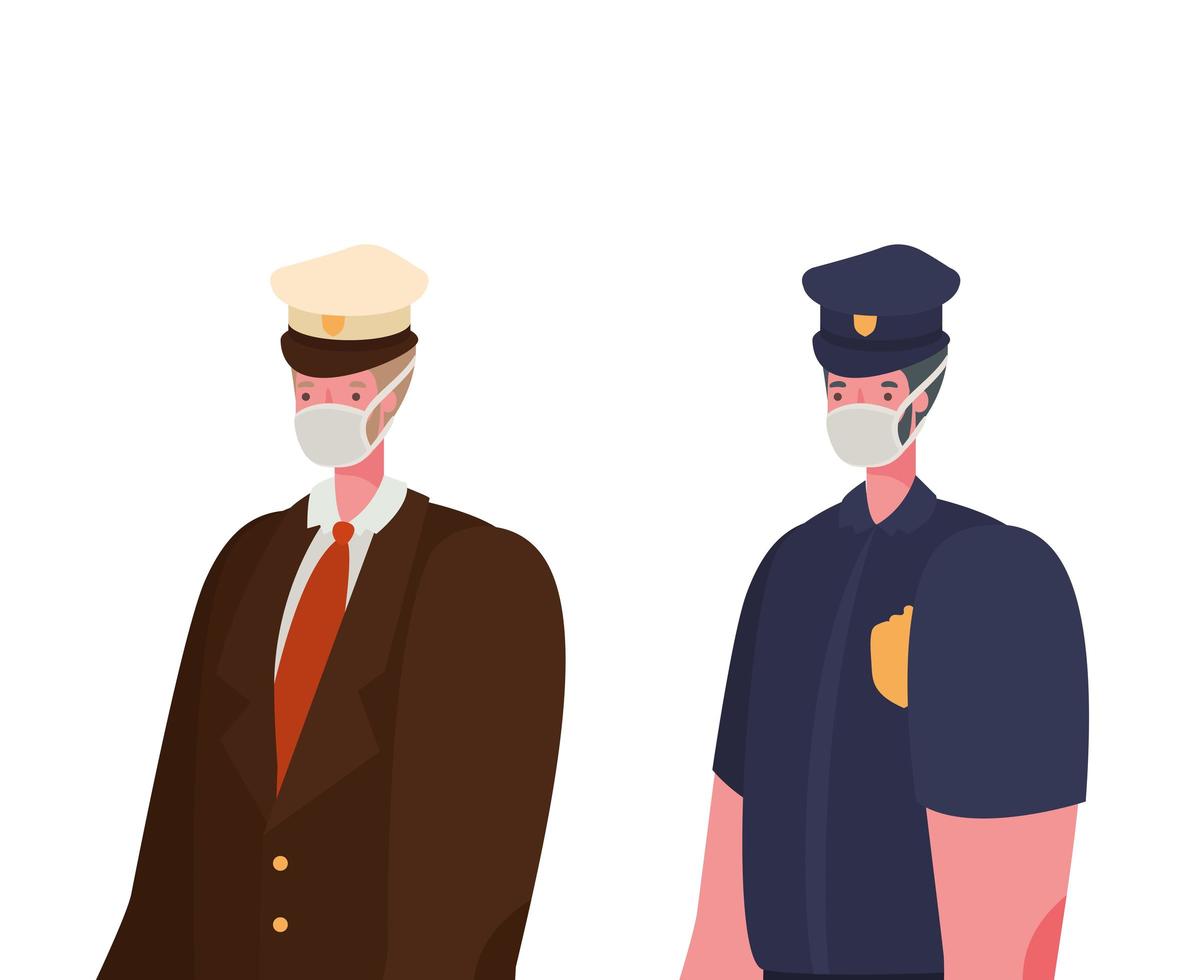 manlig kapten och polis med masker vektordesign vektor