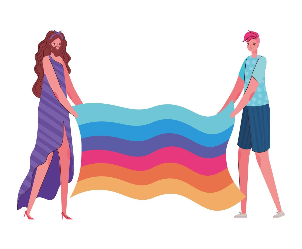 kvinna och man tecknad med kostym och lgtbi flagga vektor design