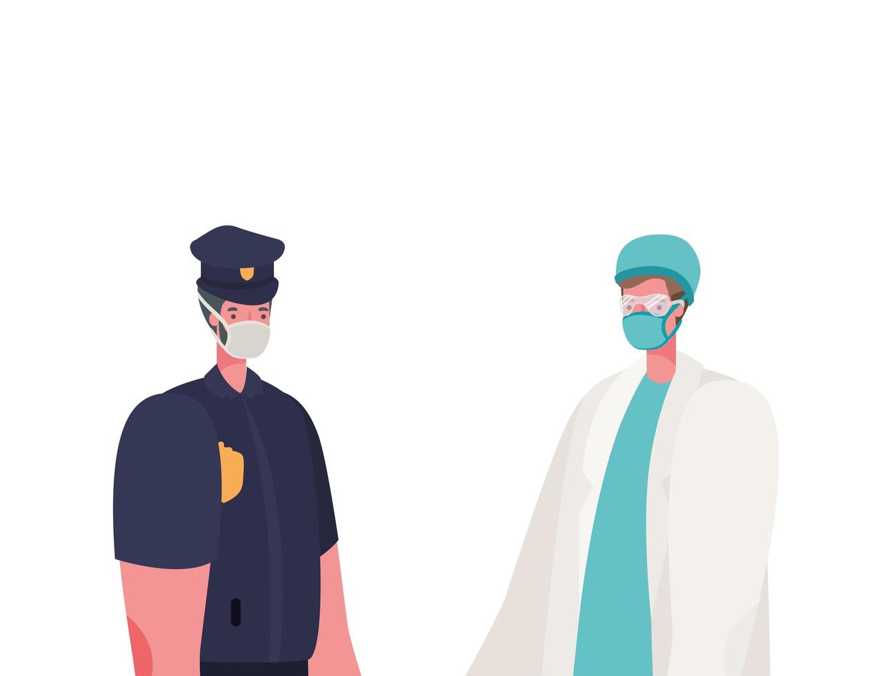 isolierter männlicher Arzt und Polizist mit Maskenvektordesign vektor