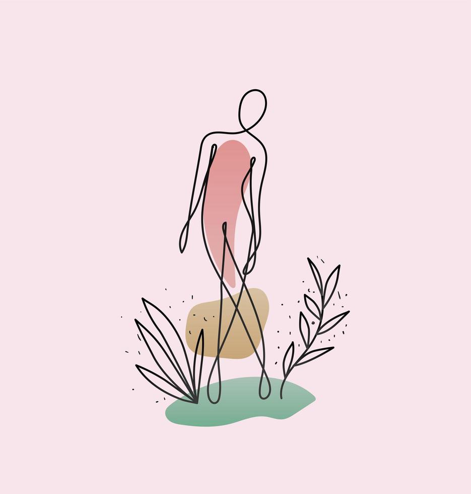 Linie Frau Körper mit einer Pflanze und Arme auf lila Hintergrund vektor