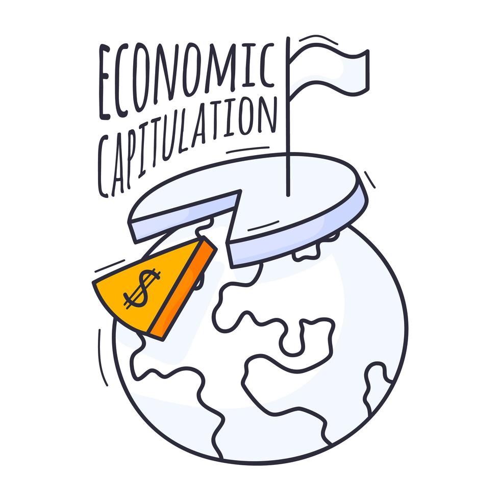 begreppet ekonomisk kris. vektor illustration är handritad i doodle stil. planetjord med ett diagram, ett dollartecken och en vit övergivningsflagga