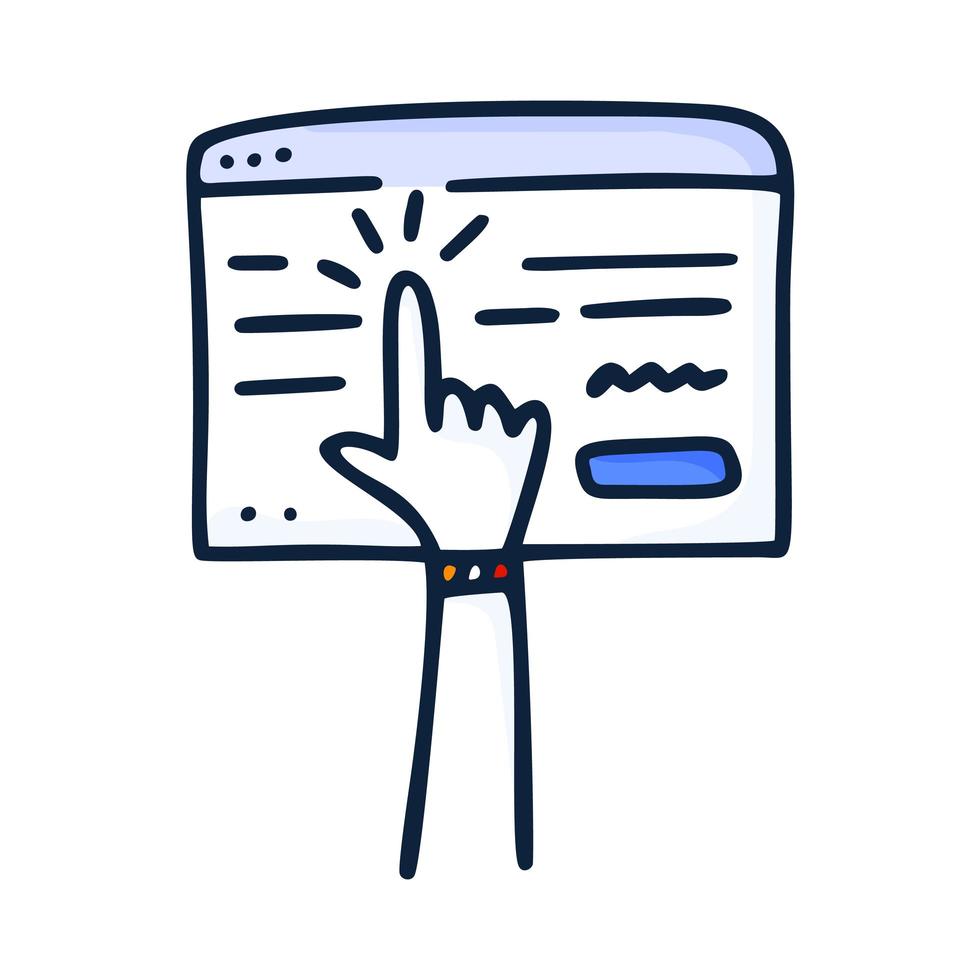 köpa ett online-koncept. webbläsarfönstret och handen som trycker på knappen och gör en beställning på internet. vektor illustration handritade i doodle stil