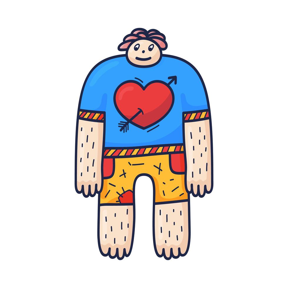 Ein netter Charakter mit einem Herzen auf einem T-Shirt. Die Vektorillustration wird im Cartoon-Doodle-Stil für romantische Postkarten von Hand gezeichnet. vektor
