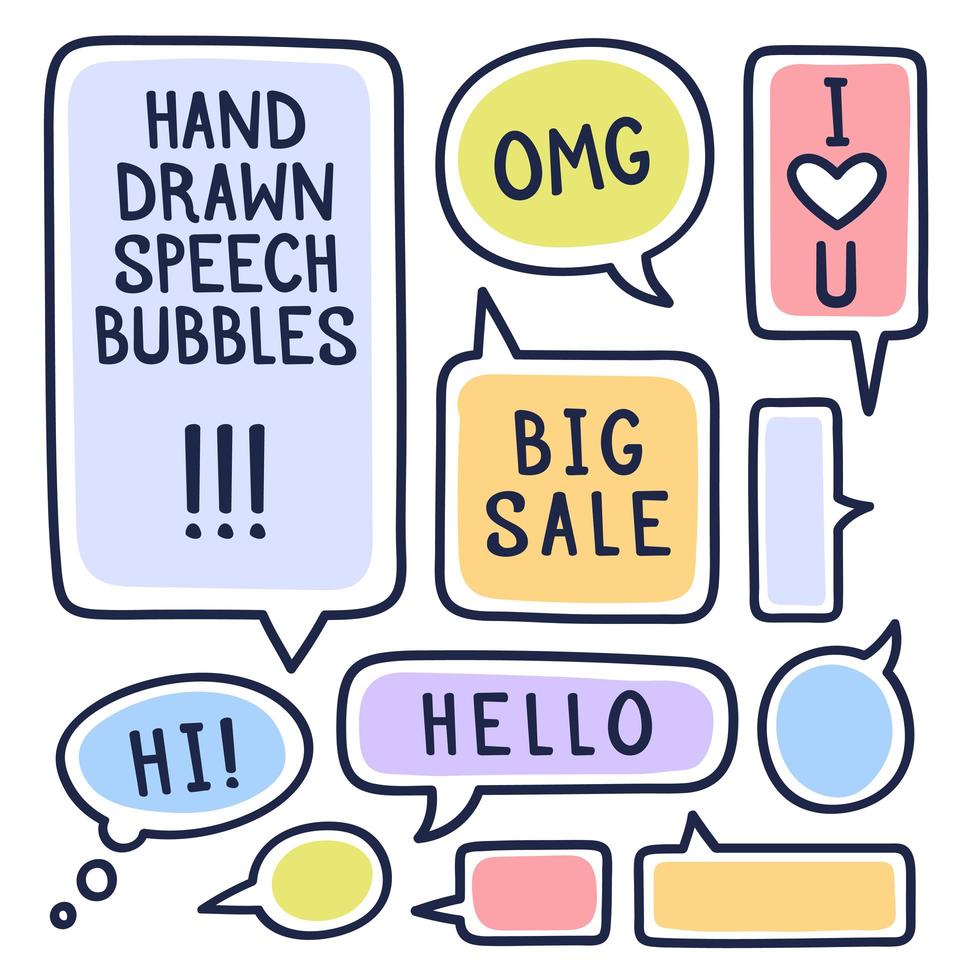handritad doodle pratbubblor med accentuering, fylld med målarfärg och exempeltexter stor försäljning, hej, hej, älskar dig. vektor illustration.