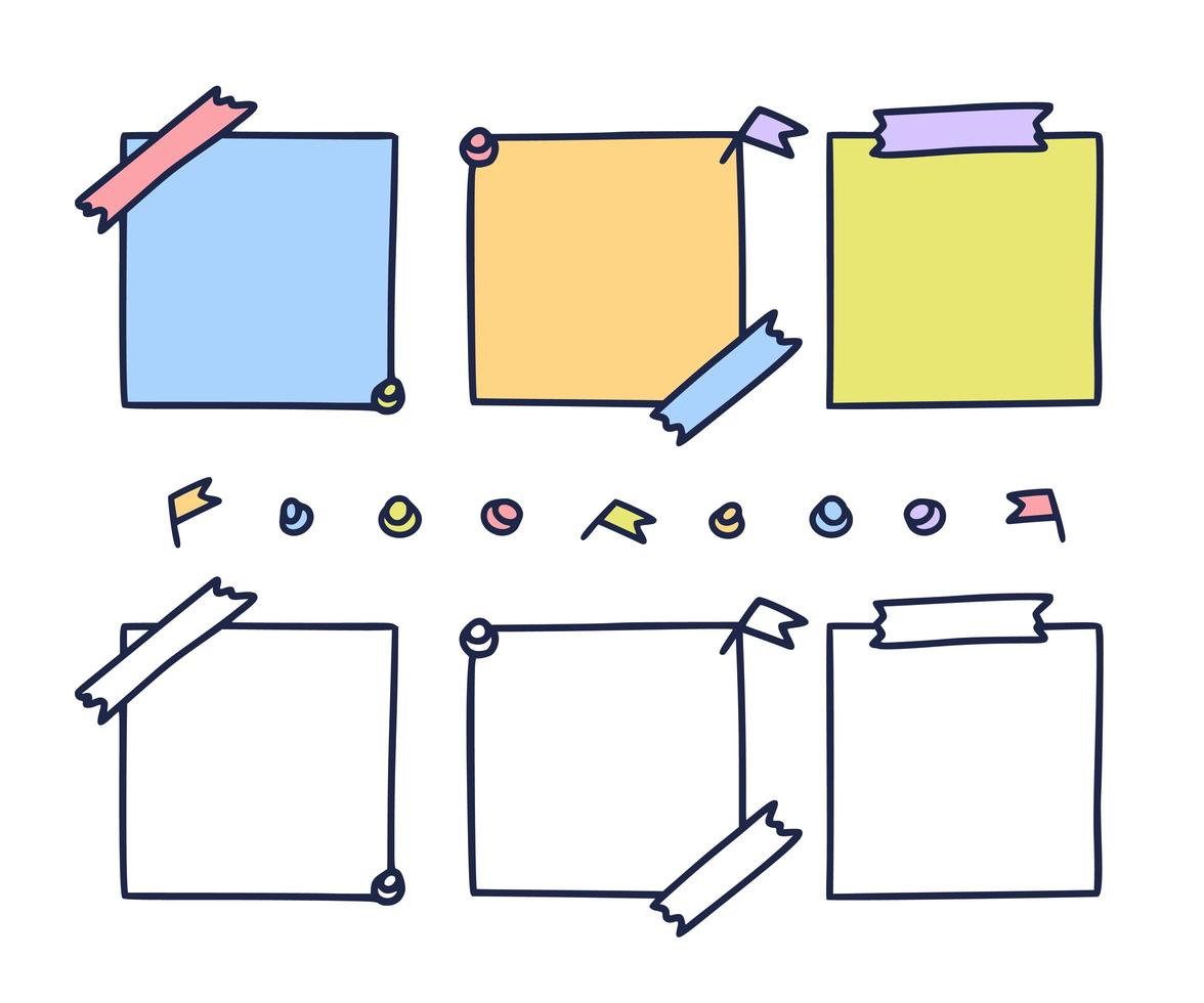 färgglada handritade papper. pappersark i doodle stil isolerad på vit bakgrund, bitar av pastell anteckningsbok sidor, memo pad klistermärken vektorillustration vektor