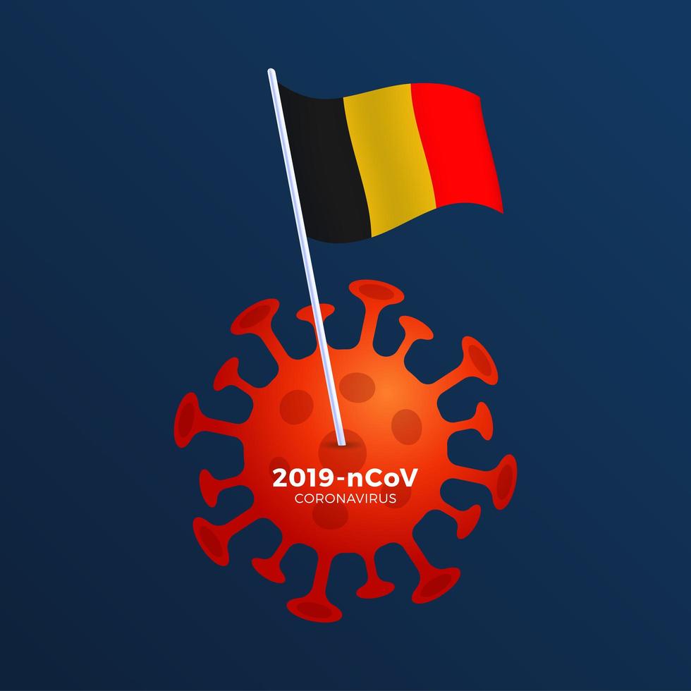 belgisk vektorflagga fäst vid ett koronavirus. stoppa 2019-ncov-utbrottet. koronavirus fara och folkhälsorisk sjukdom och influensautbrott. pandemiskt medicinskt koncept med farliga celler vektor