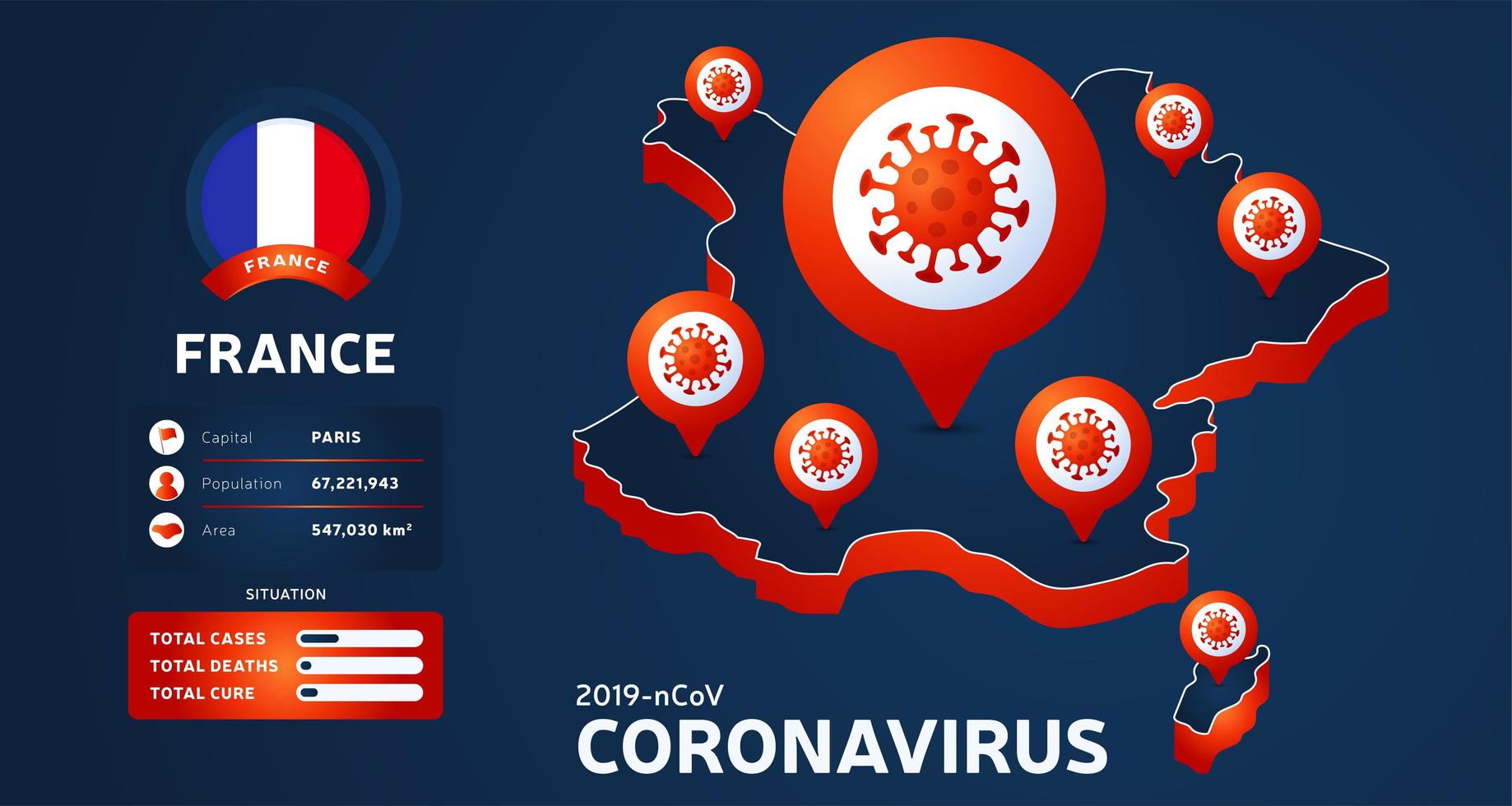 isometrische Karte von Frankreich mit hervorgehobener Ländervektorillustration auf dunklem Hintergrund. Coronavirus-Statistiken. 2019-nCoV vektor