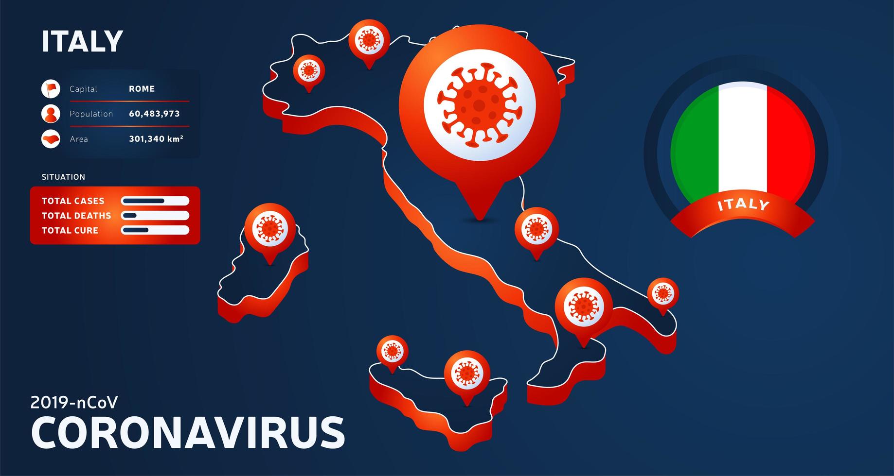 isometrisk karta över Italien med markerad landvektorillustration på mörk bakgrund. koronavirusstatistik. vektor