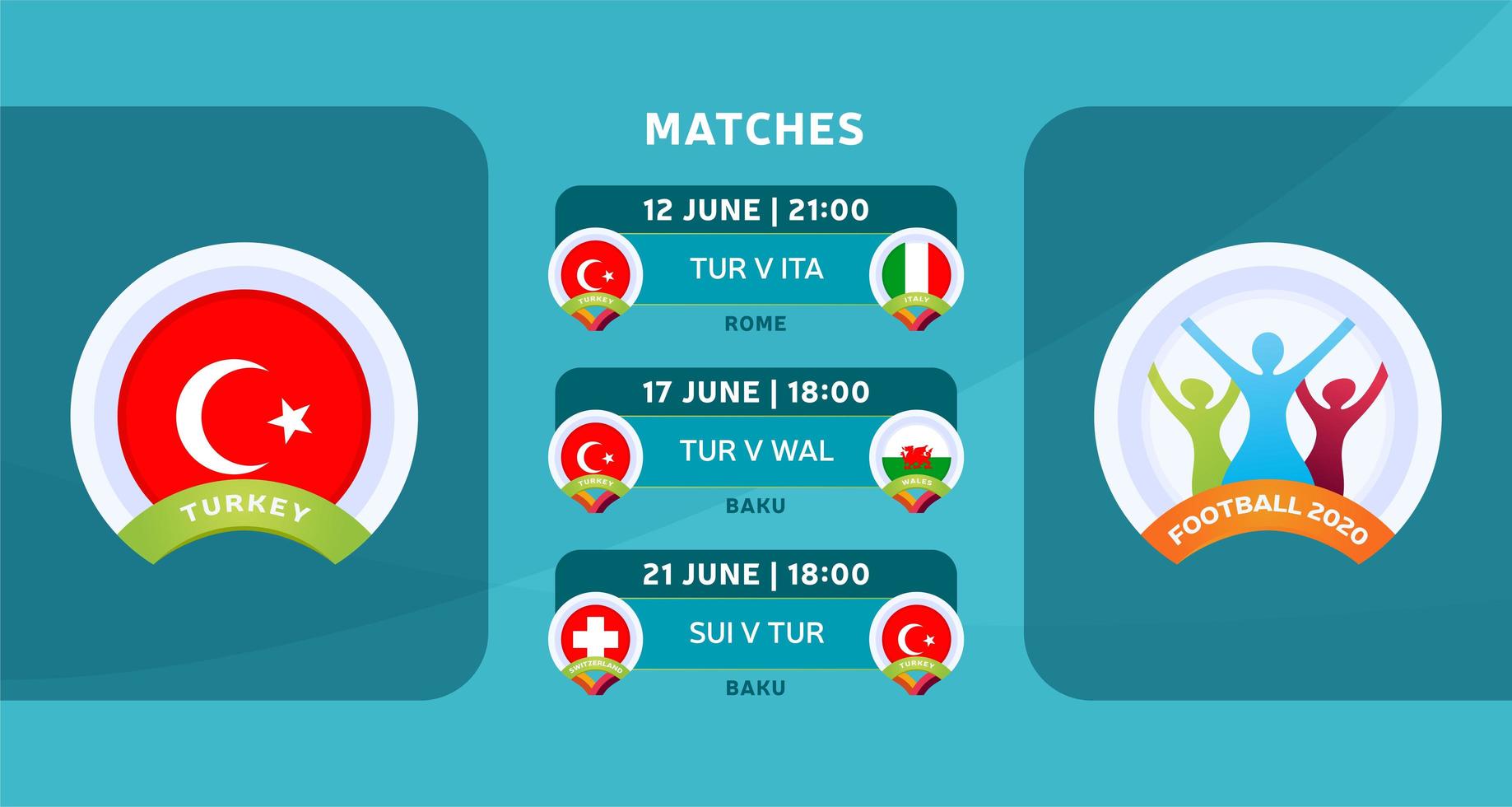 Spielplan der türkischen Nationalmannschaft in der Endphase der europäischen Fußballmeisterschaft 2020. Vektorillustration mit dem offiziellen Kies der Fußballspiele. vektor