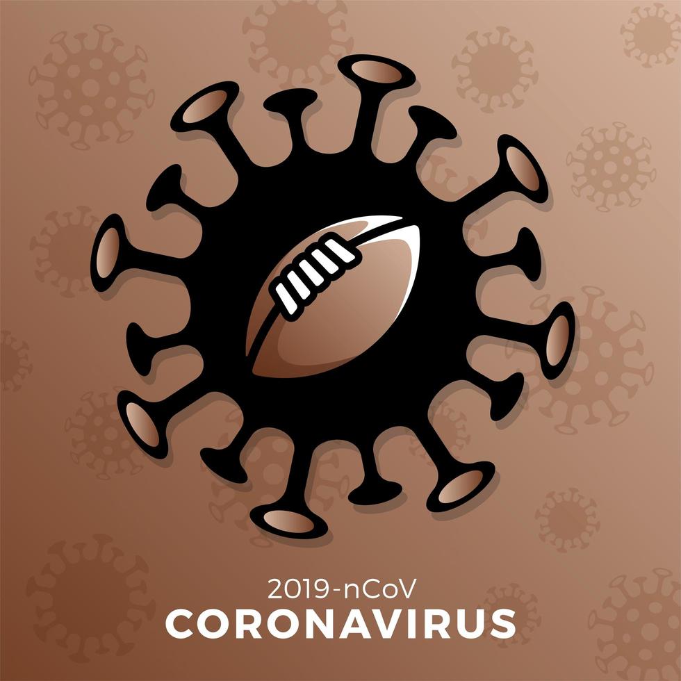 American Football Ball Vektor Zeichen Vorsicht Coronavirus. Stoppen Sie den Covid-19-Ausbruch. Coronavirus-Gefahr und Risiko für die öffentliche Gesundheit Krankheit und Grippeausbruch. Absage von Sportveranstaltungen und Spielkonzept