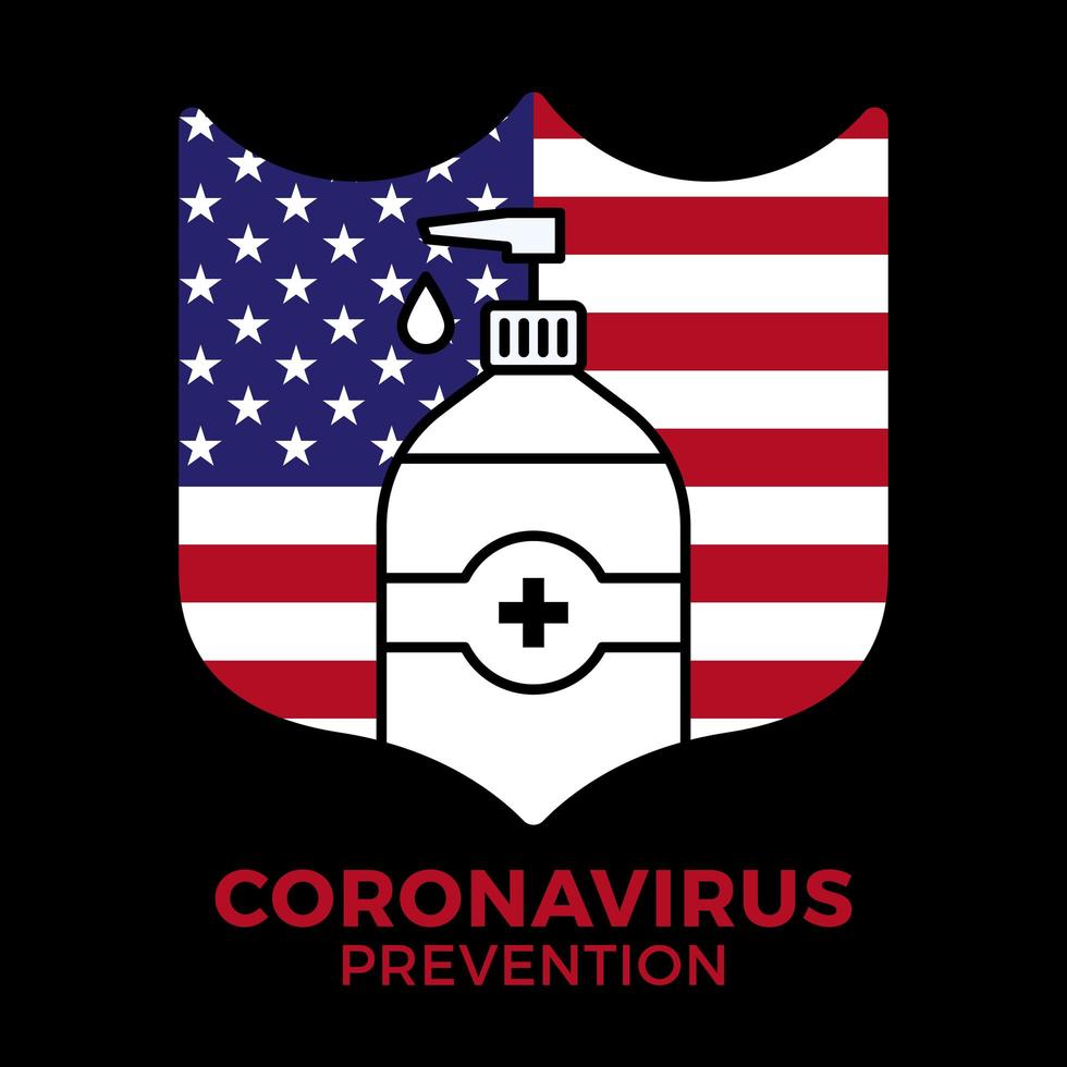 Seife oder Desinfektionsgel und Schild mit USA-Flagge unter Verwendung von antibakteriellem, Virus-Symbol, Hygiene, medizinischer Illustration. Coronavirus-Covid-19-Schutz vektor