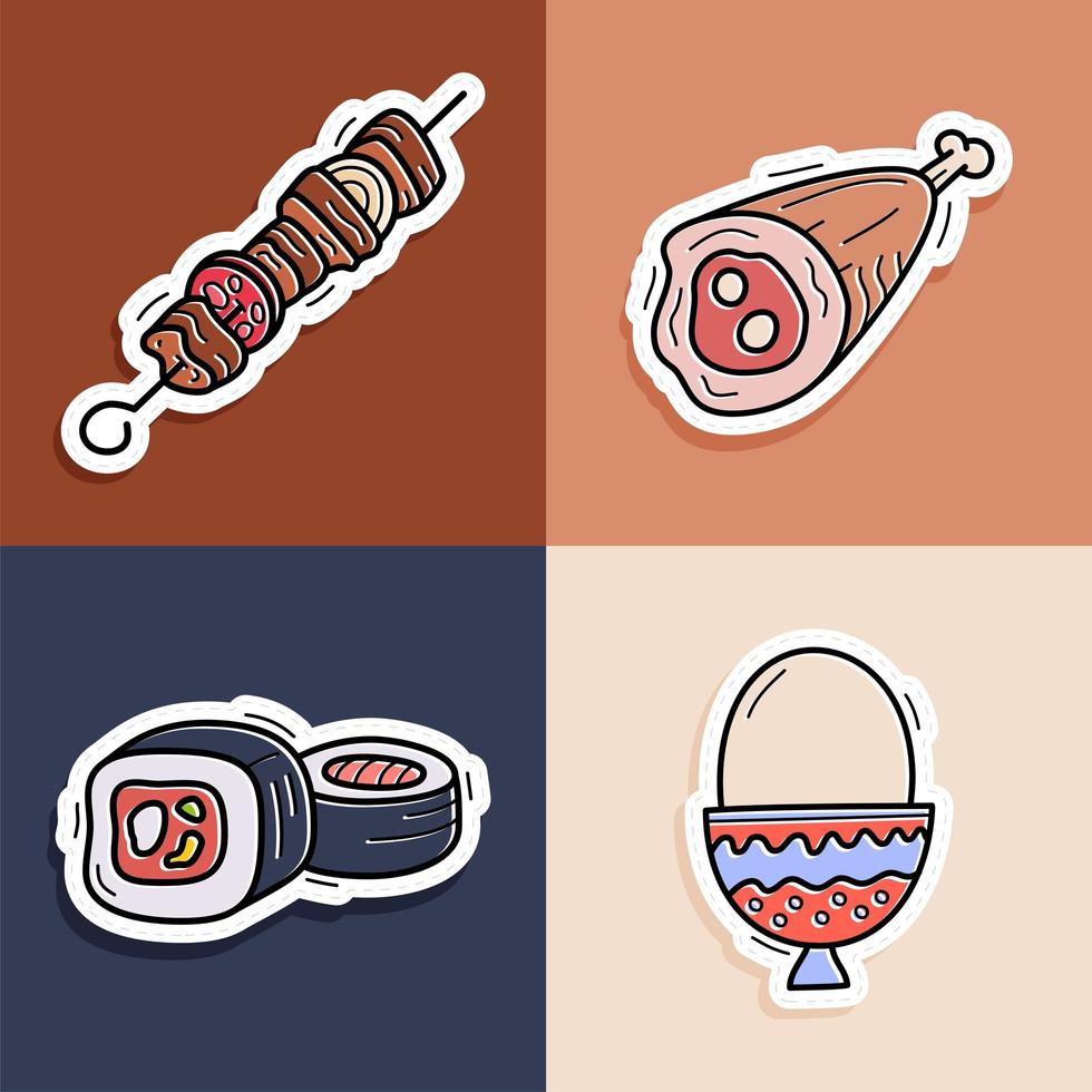 Sushi, Kebab, Ei, Fleischaufkleber Set. Hand gezeichnete Doodle Icon Collection Vektor-Illustration für Hintergründe, Textildrucke, Menü, Web und Grafik. vektor