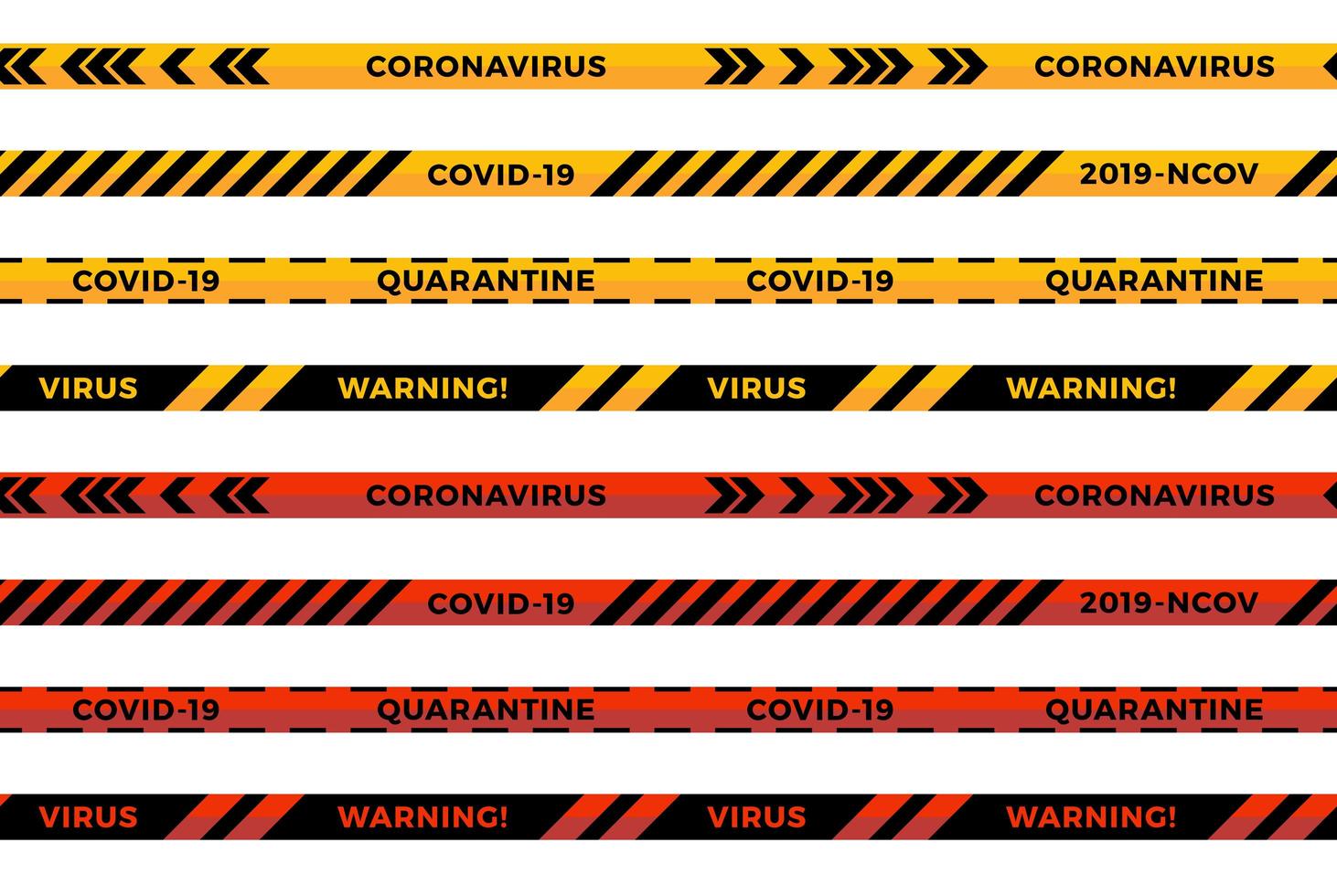 varningsränder. coronavirus varning sömlösa ränder. covid-19 tecken. karantän biohazard symbol. varningslinje samling svart, röd och gul färg, isolerad på vit bakgrund. vektor