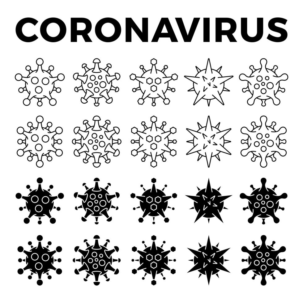 Satz von verschiedenen viralen Zellen Symbol. neuartiges Coronavirus 2019-ncov. Virus covid 19-ncp. Das bezeichnete Coronavirus ncov ist ein einzelsträngiges rna-Virus. Umriss und feste Stilvektorillustration. vektor