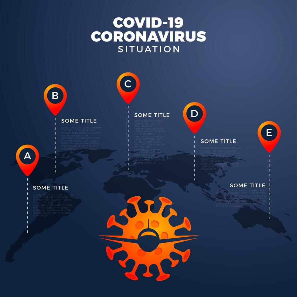 covid-19, covid 19-Karte mit Infografik-Bericht weltweit weltweit. Coronavirus-Krankheit 2019 Situations-Update weltweit. Karten Infografik Bereich zeigen Situation in der Welt. Flug mit Ebene abgesagt vektor