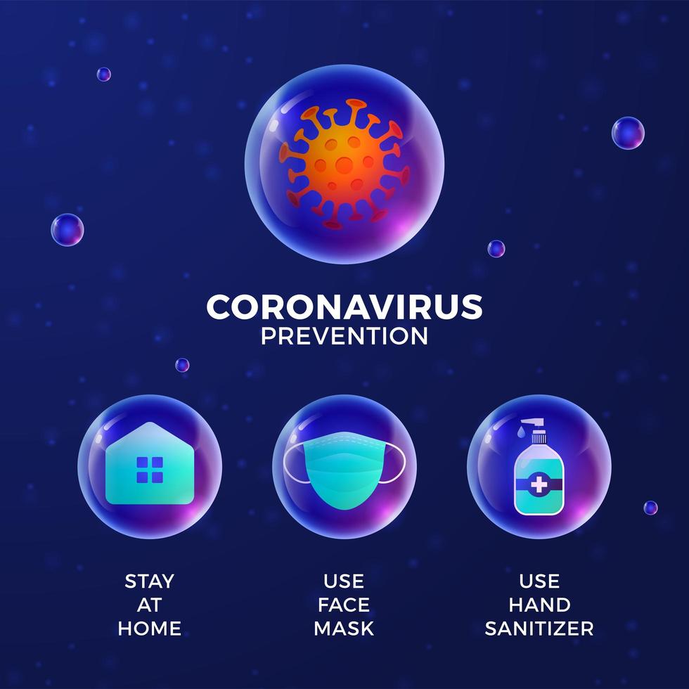 förebyggande av covid-19 allt i en ikon affisch vektorillustration. koronavirusskyddsblad med realistisk glansig bollsymbolsuppsättning. stanna hemma, använd ansiktsmask, använd handdesinfektionsmedel vektor