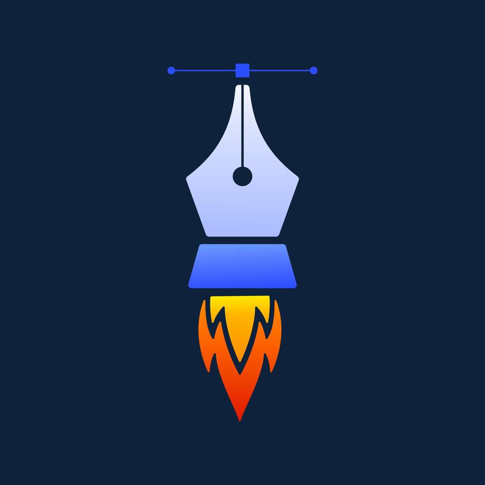 kreativa raket penna verktyg logotyp vektor designmall, med raket och vektor verktyg penna ikon på mörk bakgrund