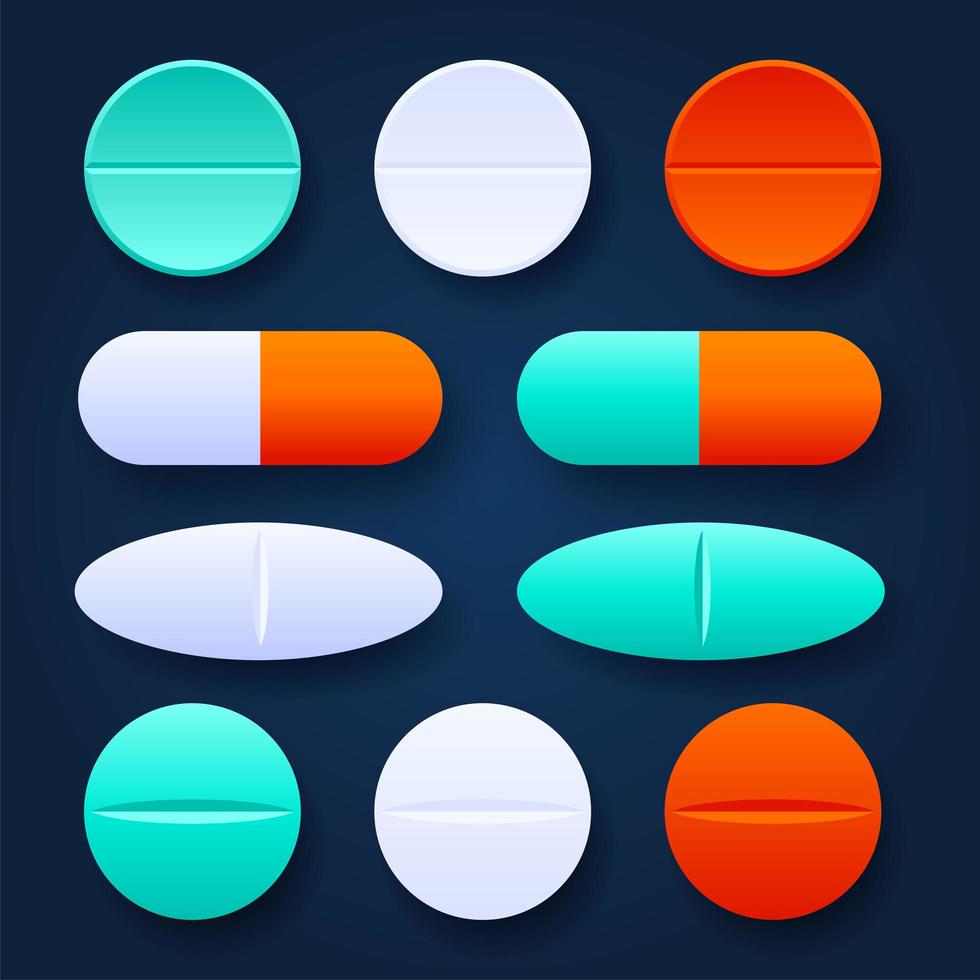 färgglada tabletter och piller realistisk uppsättning. läkemedelsdoseringsformer, medicinskt och sjukvårdskoncept. vektor 3d medicinska preparat illustration på mörk bakgrund