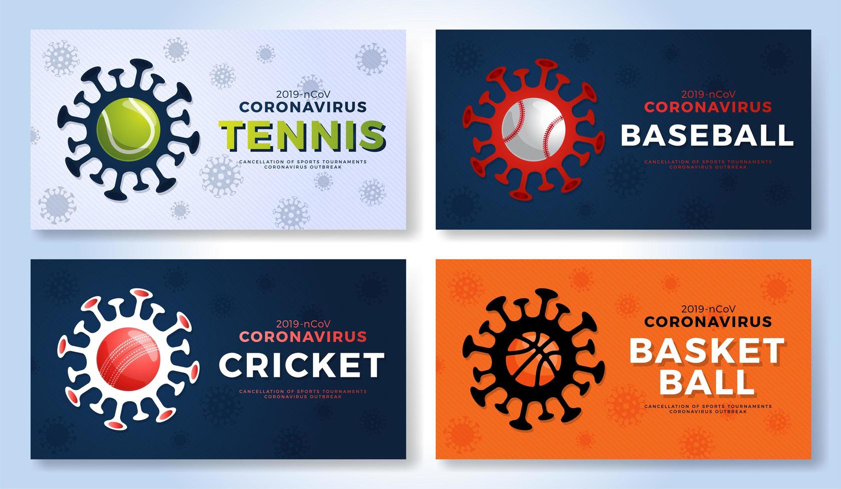 uppsättning sport vektor banner försiktighet coronavirus. tennis, baseboll, cricket, basket stopp covid-19 utbrott. avbokning av sportevenemang och matchkoncept