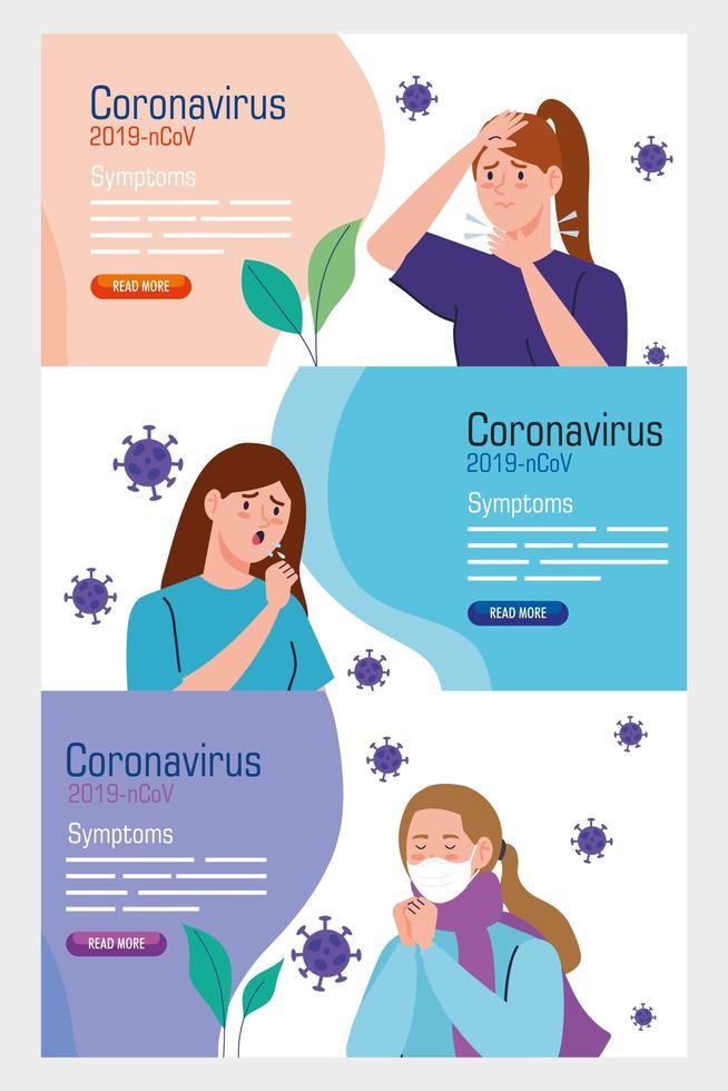 personer med coronavirus symptom banneruppsättning vektor