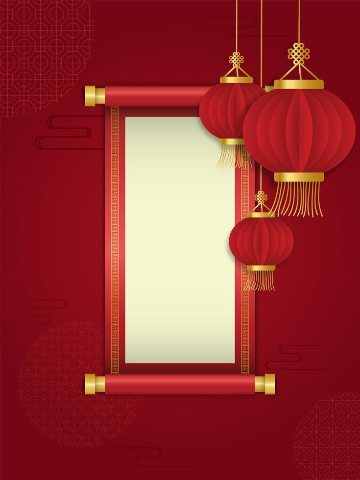 rote Laterne und Schriftrolle vor chinesischem abstraktem Hintergrund vektor