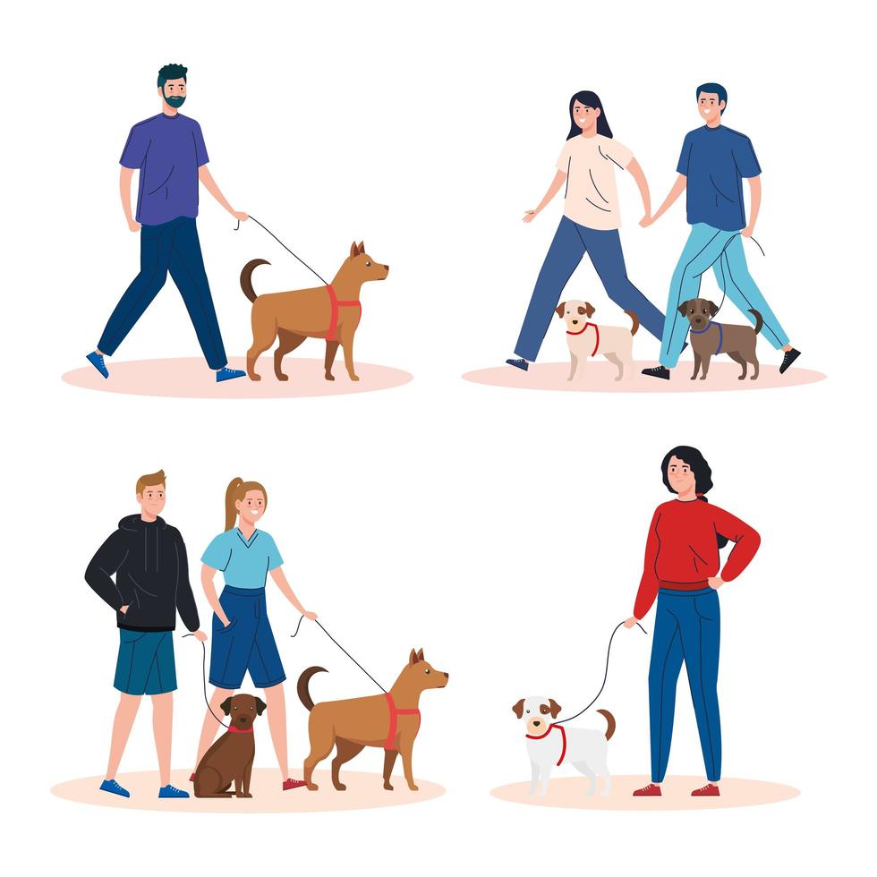 Szenen von Menschen, die mit ihren Hunden spazieren gehen vektor