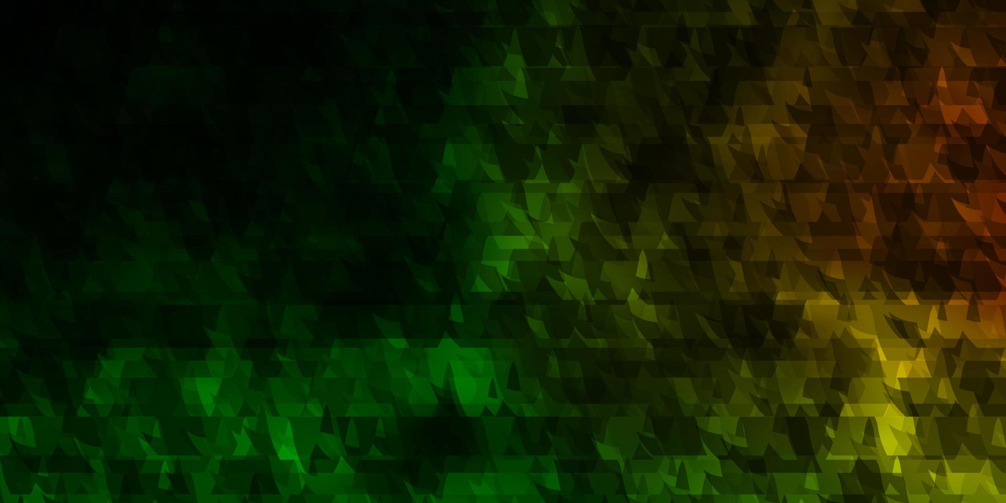 dunkelgrüner, roter Vektorhintergrund mit Linien, Dreiecken. vektor