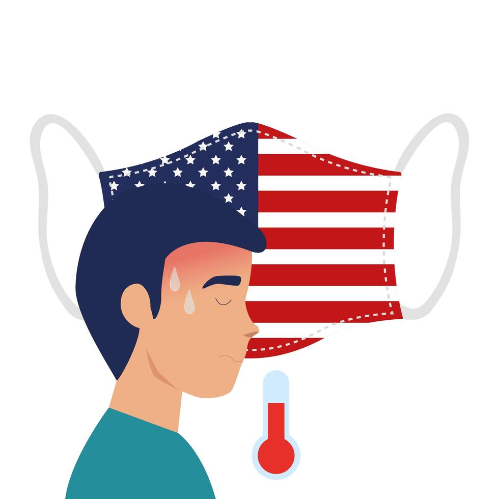 Gesichtsmaske mit USA-Flagge und Mann mit Covid-19-Symptomen vektor