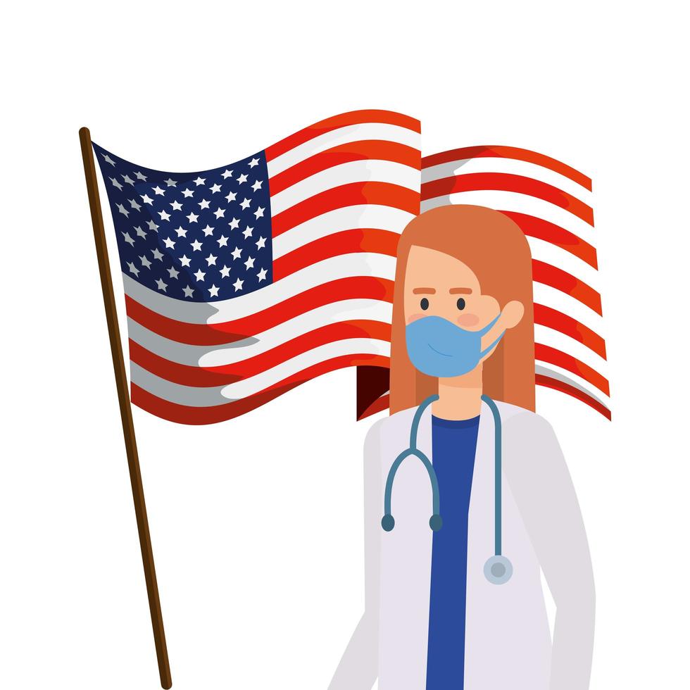 Gesundheitspersonal mit Gesichtsmaske und USA-Flagge vektor