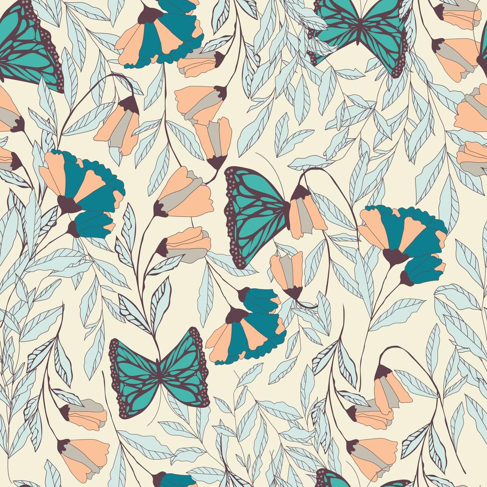 vektor traditionellt sömlöst mönster med monarkfjärilar, blommiga element och vårblommor
