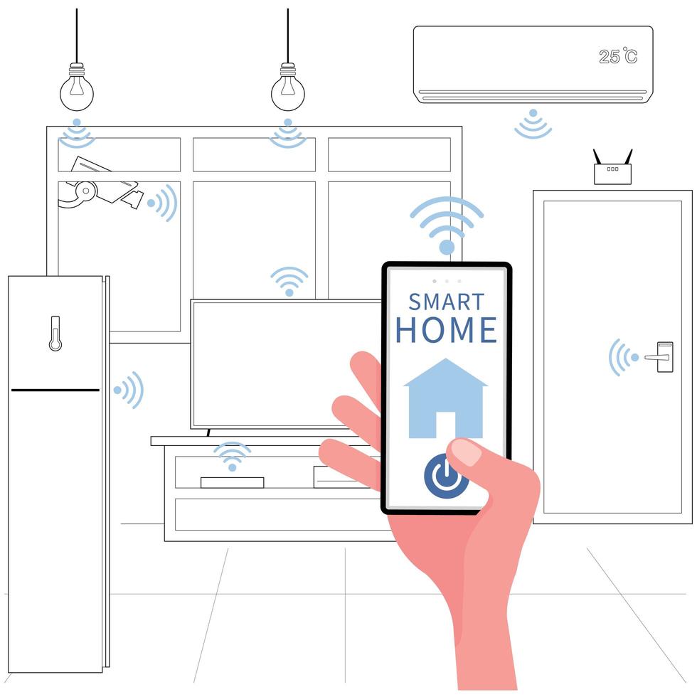 smart hem bild har en hand som håller telefonen för att styra elektriska apparater i huset vektor