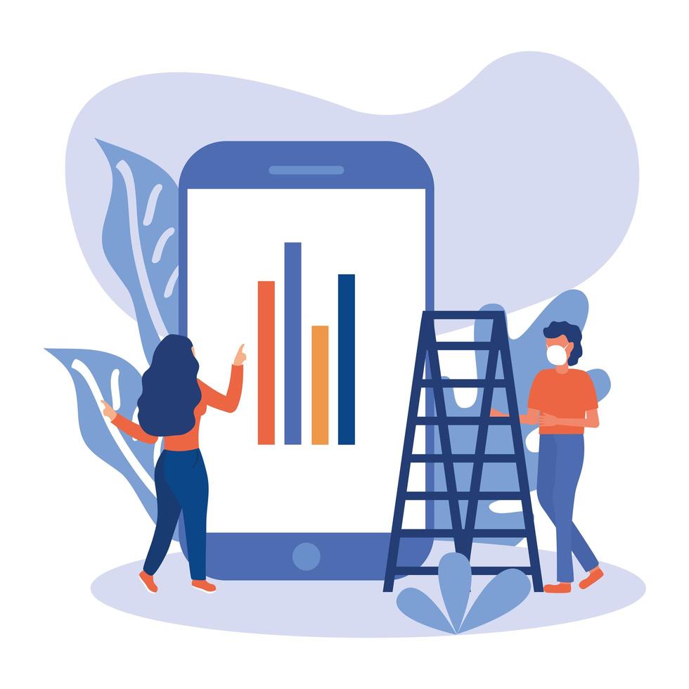 kvinna och man med mask, stege och infografik på smartphone-vektordesign vektor