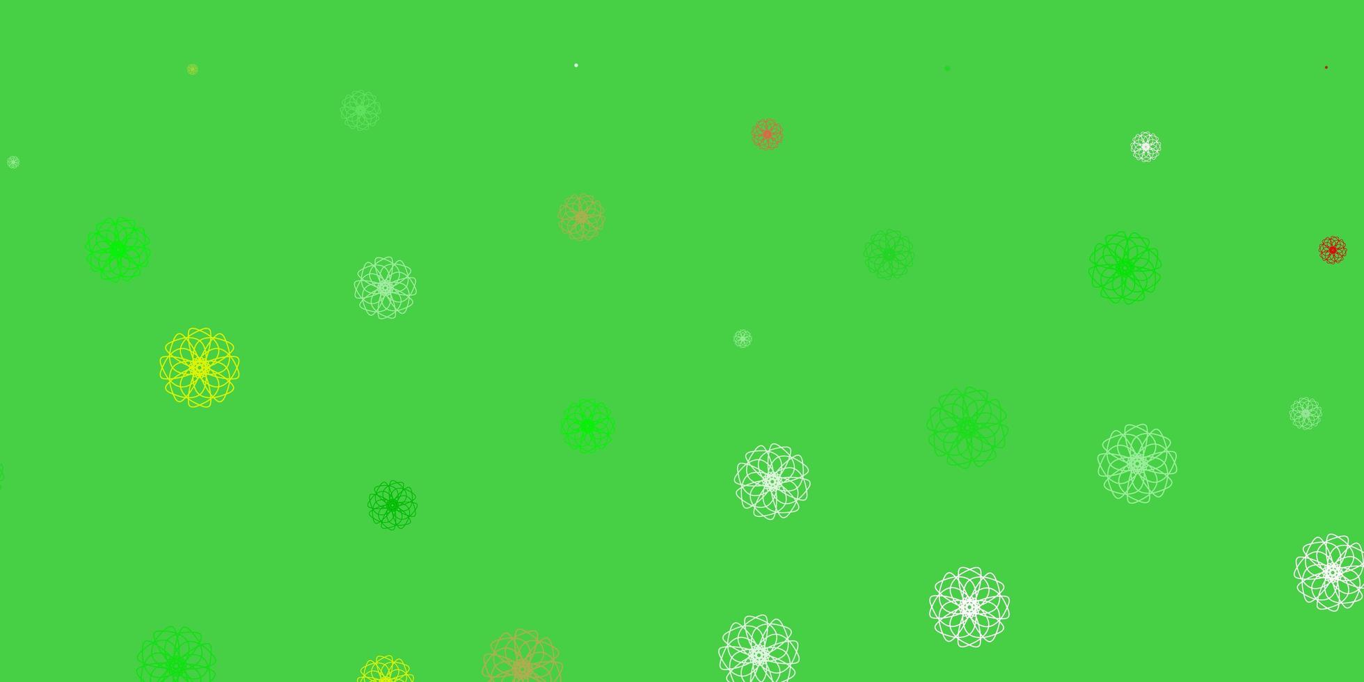 ljusgrön, röd vektor doodle bakgrund med blommor.