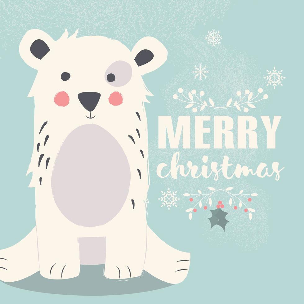 söt isbjörn på blå bakgrund och god jul bokstäver vektor