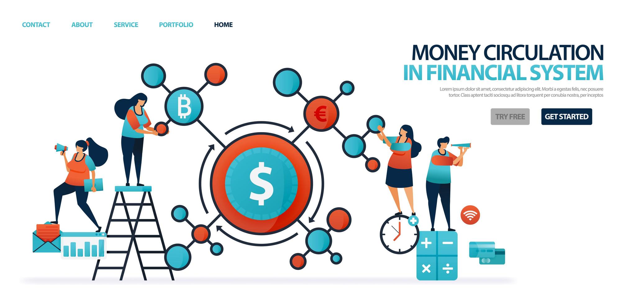 penningcirkulation i det finansiella systemet inom modern bank. finansiella nätverk i länder och banker. kredit- och lånesystem från banker till företag. illustration för webbplats, mobilappar, affisch vektor