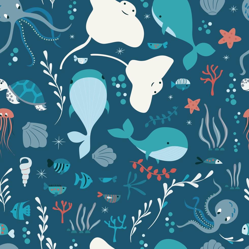 sömlösa mönster med undervattens havsdjur, val, bläckfisk, stingray, jellysfish vektor