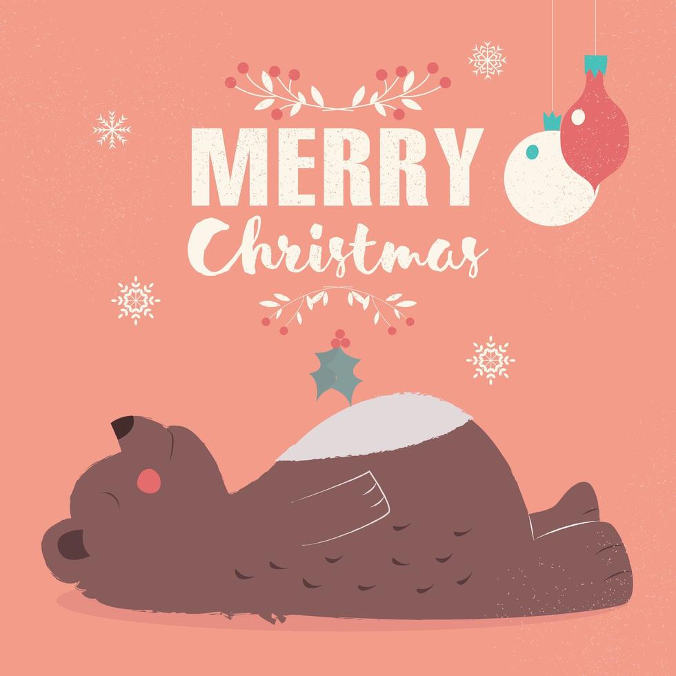 Frohe Weihnachten Schriftzug Postkarte mit niedlichen Braunbär niederlegen vektor