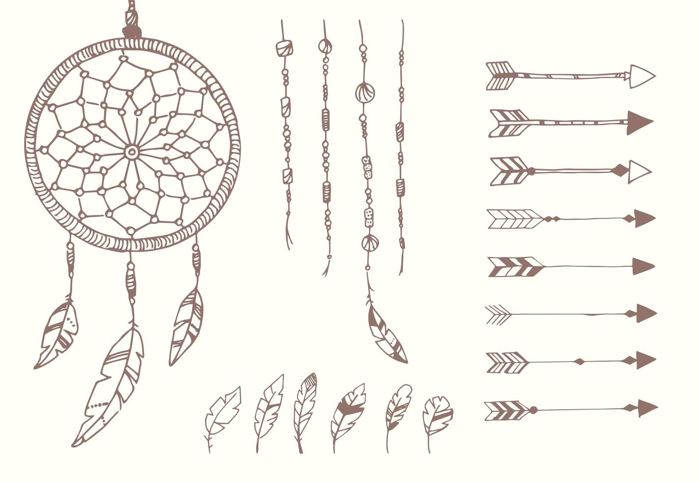handgezeichnete indianische Federn, Traumfänger, Perlen und Pfeile vektor