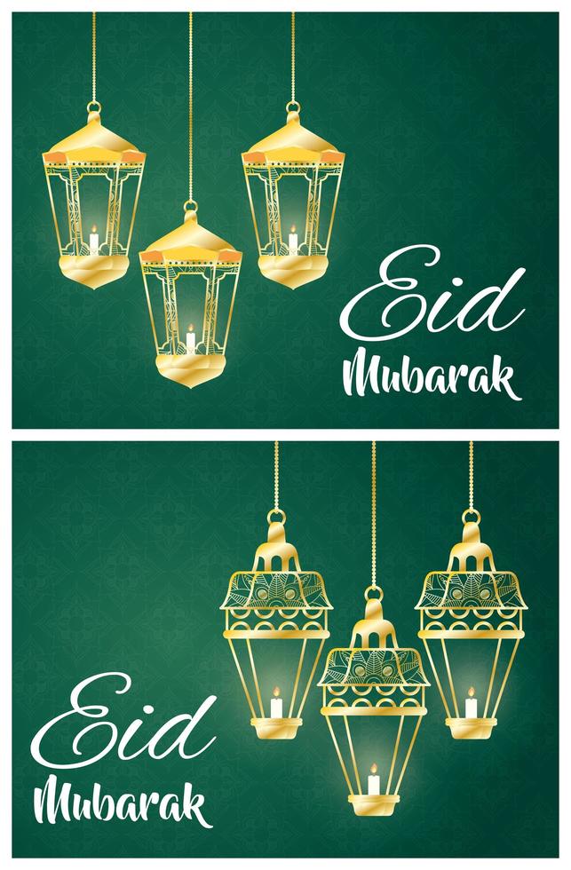 Eid Mubarak Feier Banner Set mit hängenden Lampen vektor