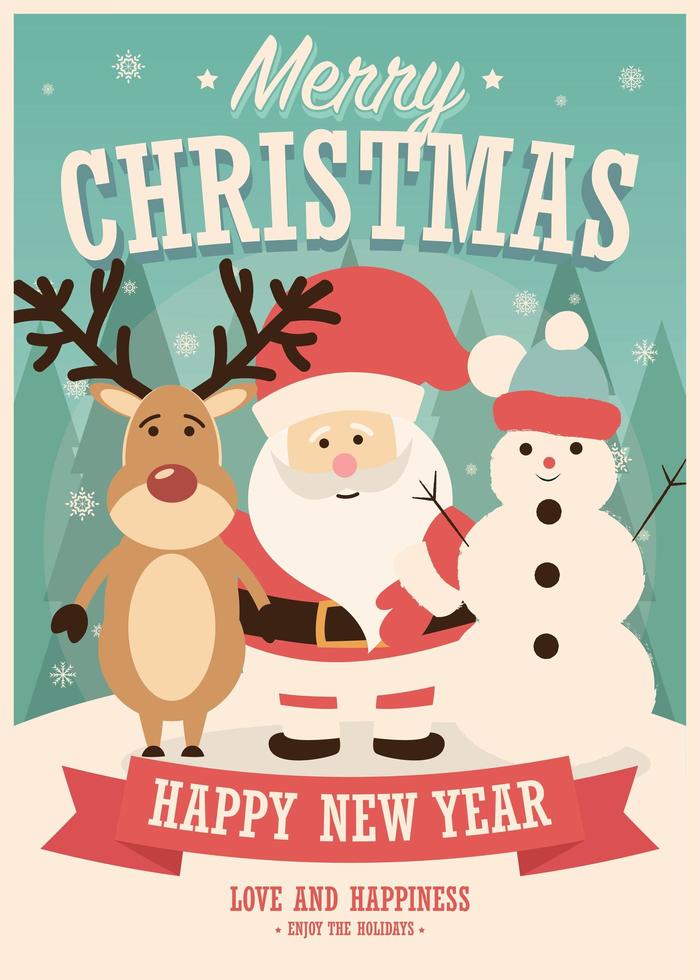 Frohe Weihnachtskarte mit Weihnachtsmann, Rentier und Schneemann auf Winterhintergrund vektor