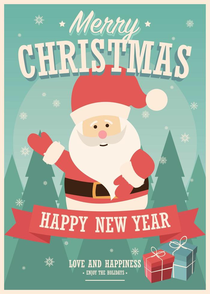 Frohe Weihnachtskarte mit Weihnachtsmann und Geschenkboxen auf Winterhintergrund vektor