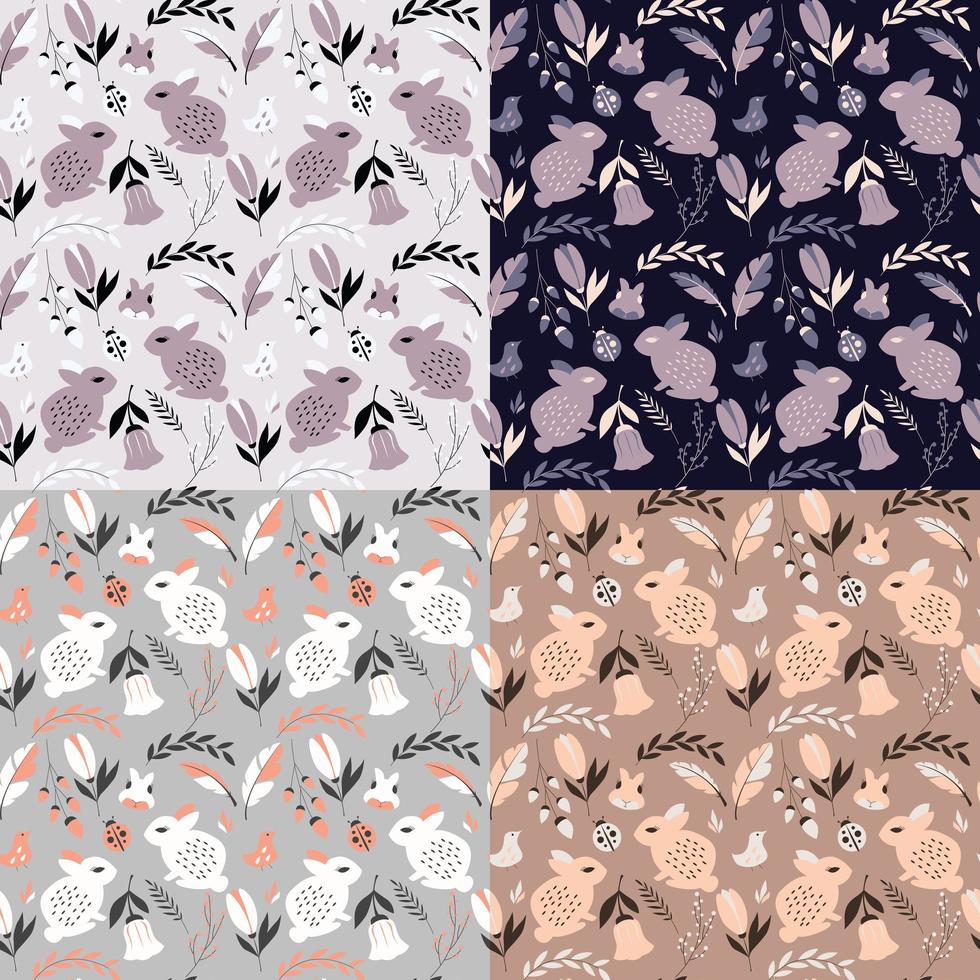 Sammlung von vier nahtlosen Mustern mit Kaninchen, Marienkäfern, Vögeln und Blumen vektor