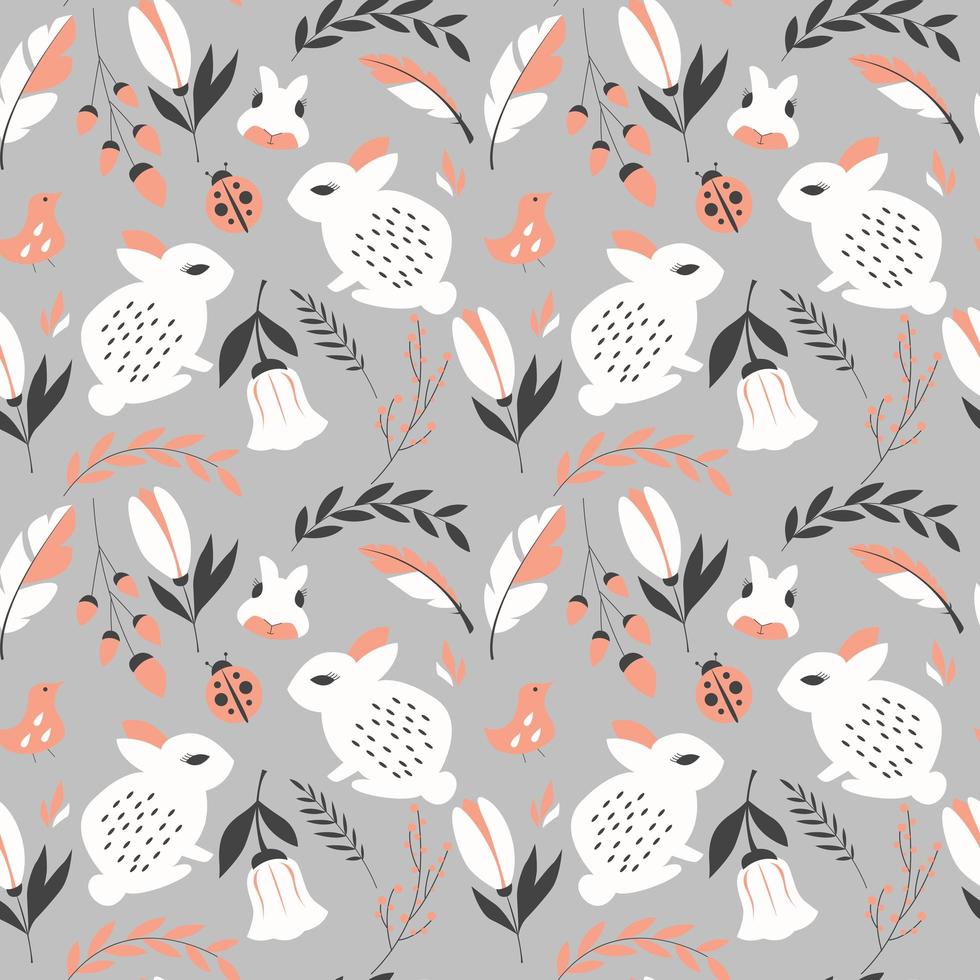 nahtloses Muster mit Kaninchen, Marienkäfern, Vögeln und Blumen vektor