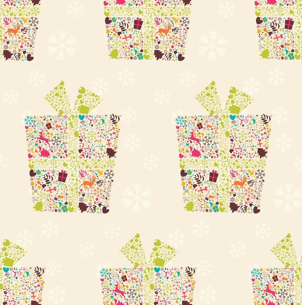 nahtloses Muster mit dekorativer Weihnachtsgeschenkbox mit Rentieren, Schneeflocken und Blumen vektor