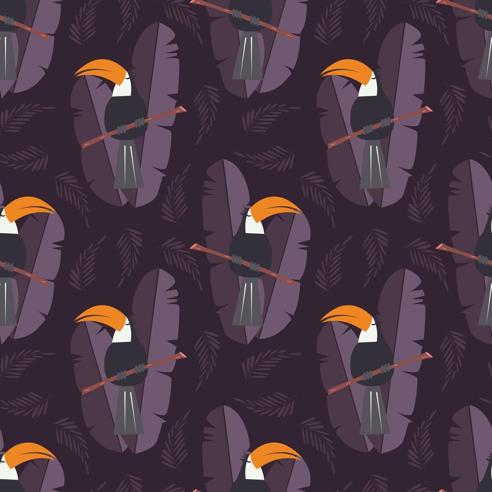 sömlösa mönster med söt djungel papegoja toucan på lila bakgrund vektor