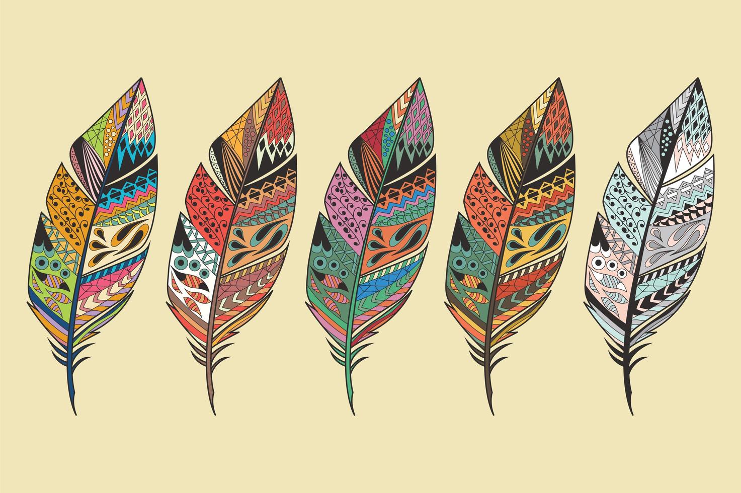 Sammlung von Vintage Stammes ethnischen ethnischen Hand gezeichneten bunten Federn vektor
