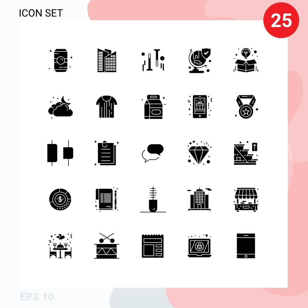 25 universelle solide Glyphen für Web- und mobile Anwendungen, Ideenbox, Nagelschutzversicherung, editierbare Vektordesign-Elemente vektor