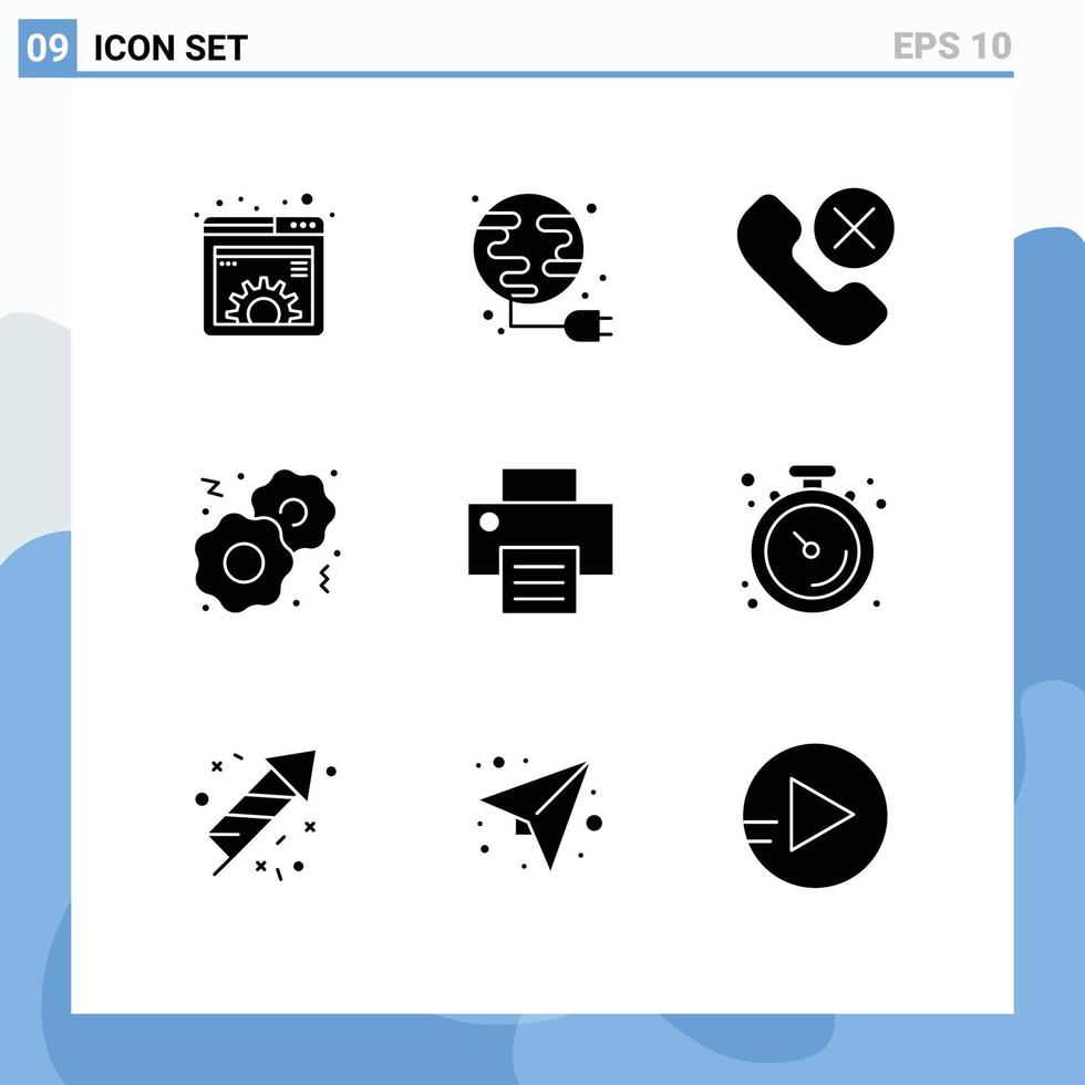 Gruppe von 9 soliden Glyphen Zeichen und Symbolen für Drucker Food Globe Cookies Telefon editierbare Vektordesign-Elemente vektor